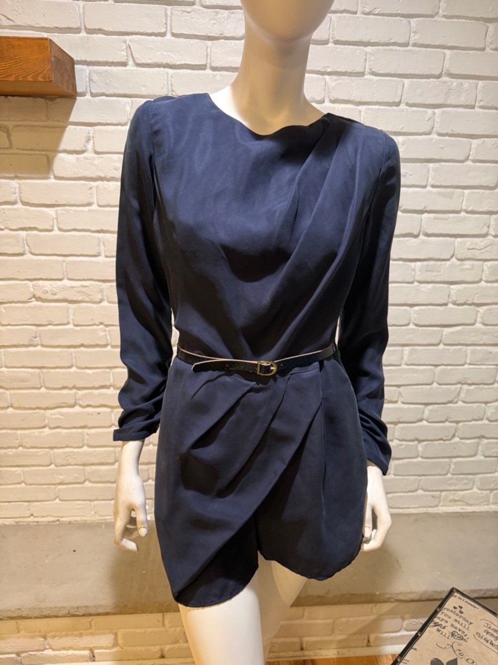 Dolce Vita 100% Silk Navy Shorts Romper Dress Belted Draped Mini NWT LONG SLEEVE - Picture 9 of 13